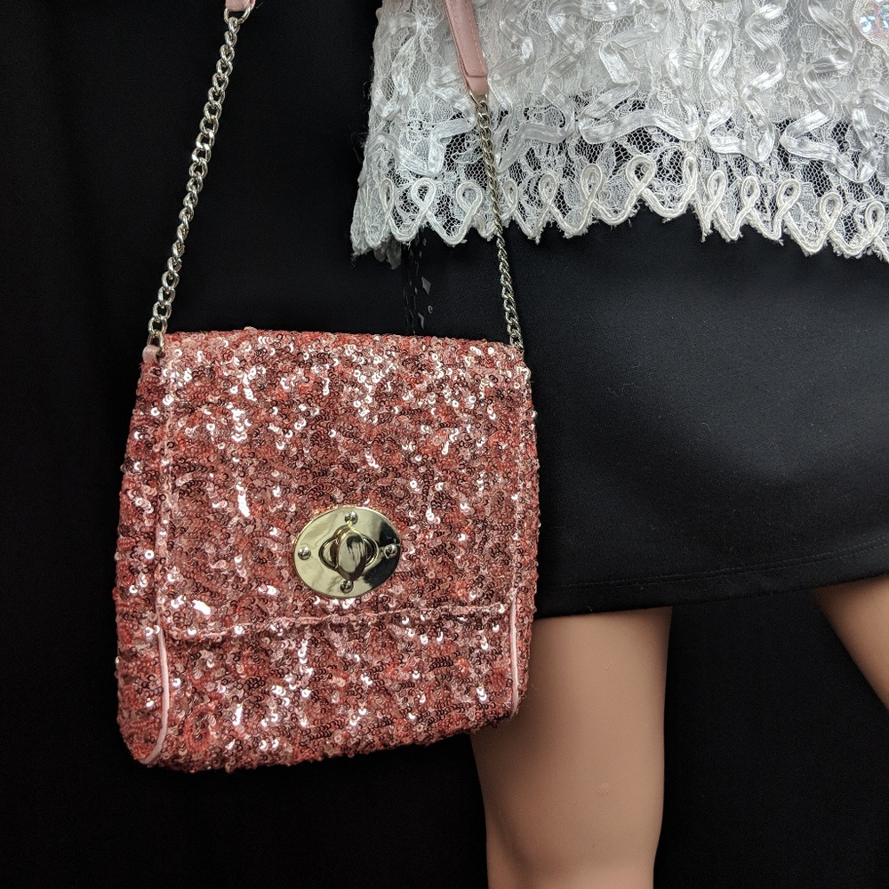 Rose Pink Sequin Evening Bag / Purse -  Chain